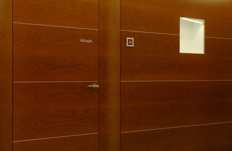 Dunkle Holztüre für Büroeingang. Die Firma Weidmann AG in Möhlin kreiert passende Türen für Ihr Gewerbeobjekt.